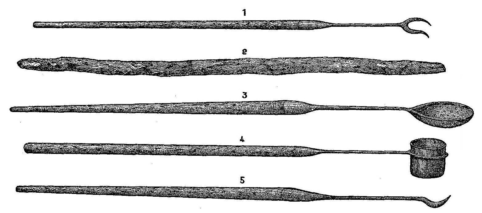 Scammon - 1. Blubber-fork.  2. Stirring-pole.  3. Skimmer.  4. Bailer.  5. Fire-pike.