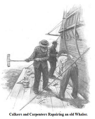 Calkers and carpenters rapairing an old whaler