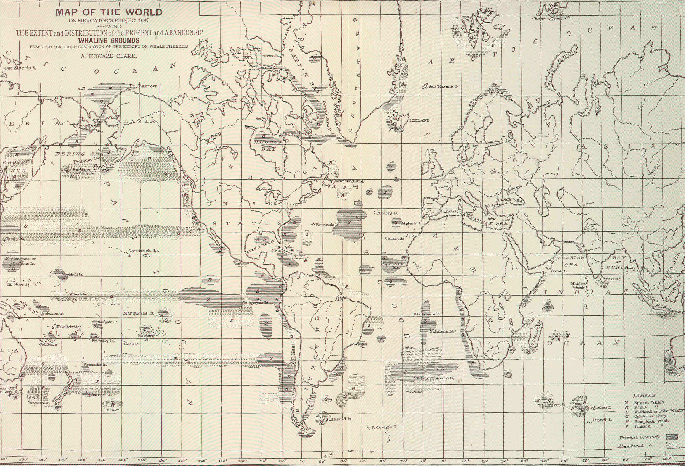 Map of the world on Mercator's projection, showing the extent and distribution of the present and abandoned whaling grounds.